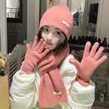Solid Color Touch Screen Gloves Women Korean Autumn Winter Warm Knitted Three-piece Set Scarves Gloves Hat Women's Glove Sets