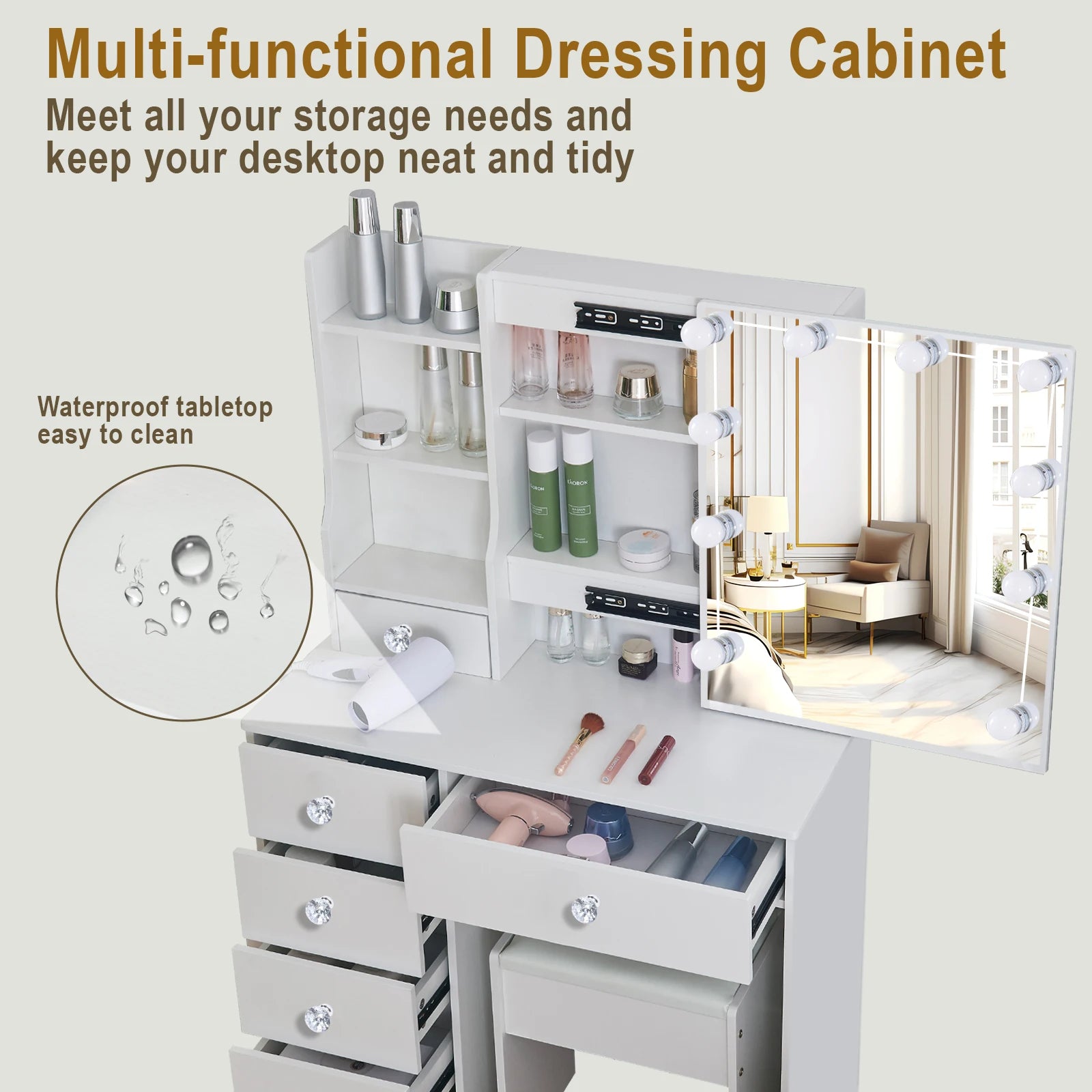 Teousev White LED Makeup Vanity Set with Sliding Mirror, 3-Color Dimmable Lights, 6 Drawers & Stool, Modern Dressing Table