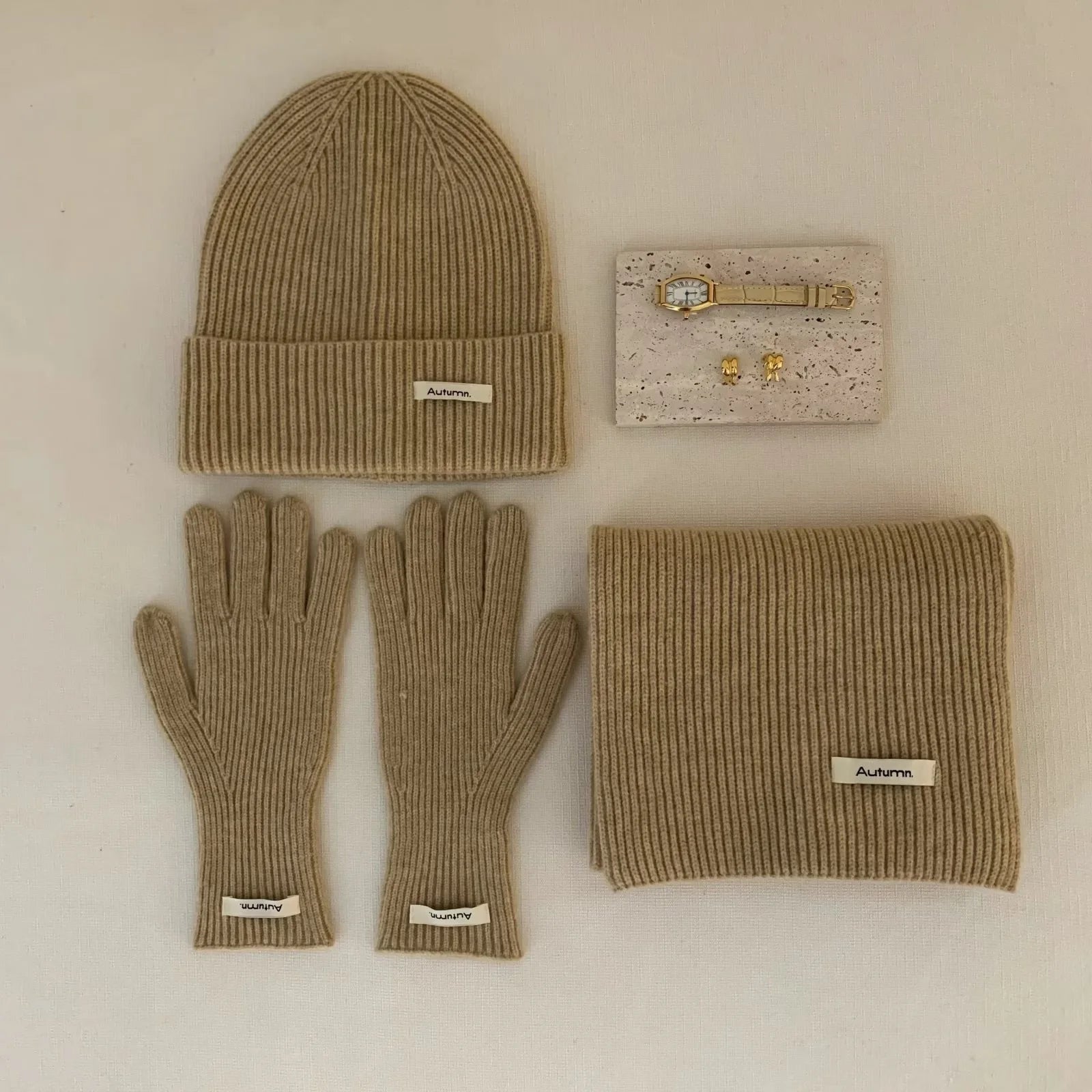 Solid Color Touch Screen Gloves Women Korean Autumn Winter Warm Knitted Three-piece Set Scarves Gloves Hat Women's Glove Sets