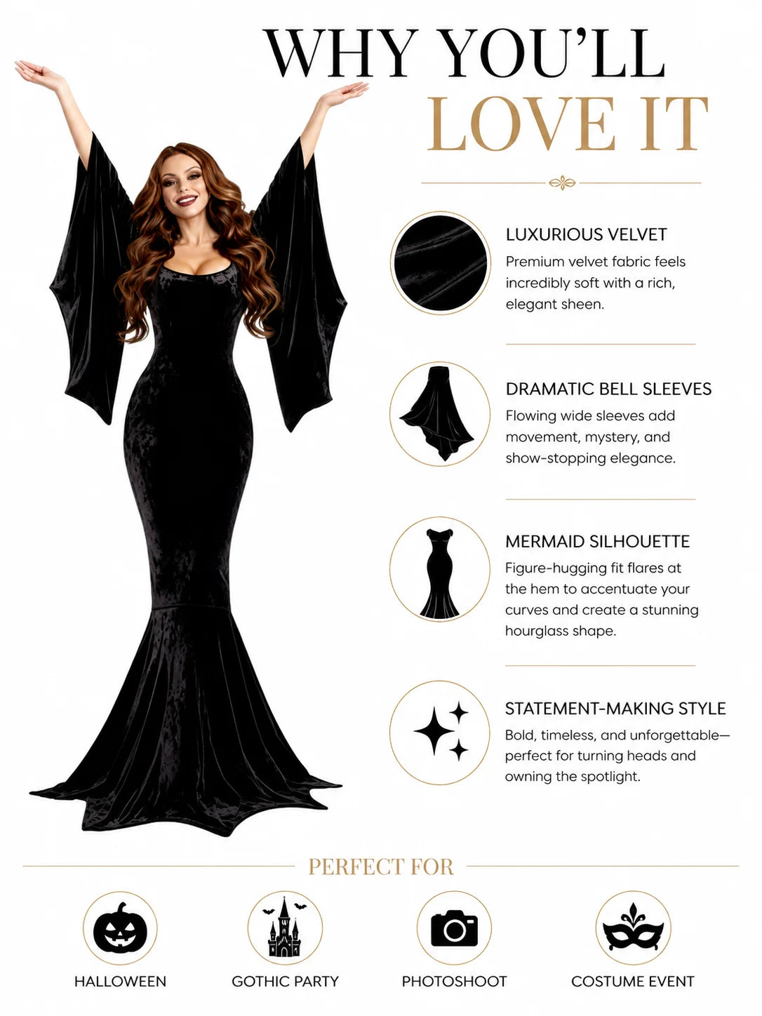 Women Gothic Velvet Mermaid Maxi Dress Bat Flared Long Sleeve Bodycon Gown Dark Witch Vampire Costume Halloween Cosplay Party Outfit