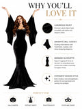 Women Gothic Velvet Mermaid Maxi Dress Bat Flared Long Sleeve Bodycon Gown Dark Witch Vampire Costume Halloween Cosplay Party Outfit