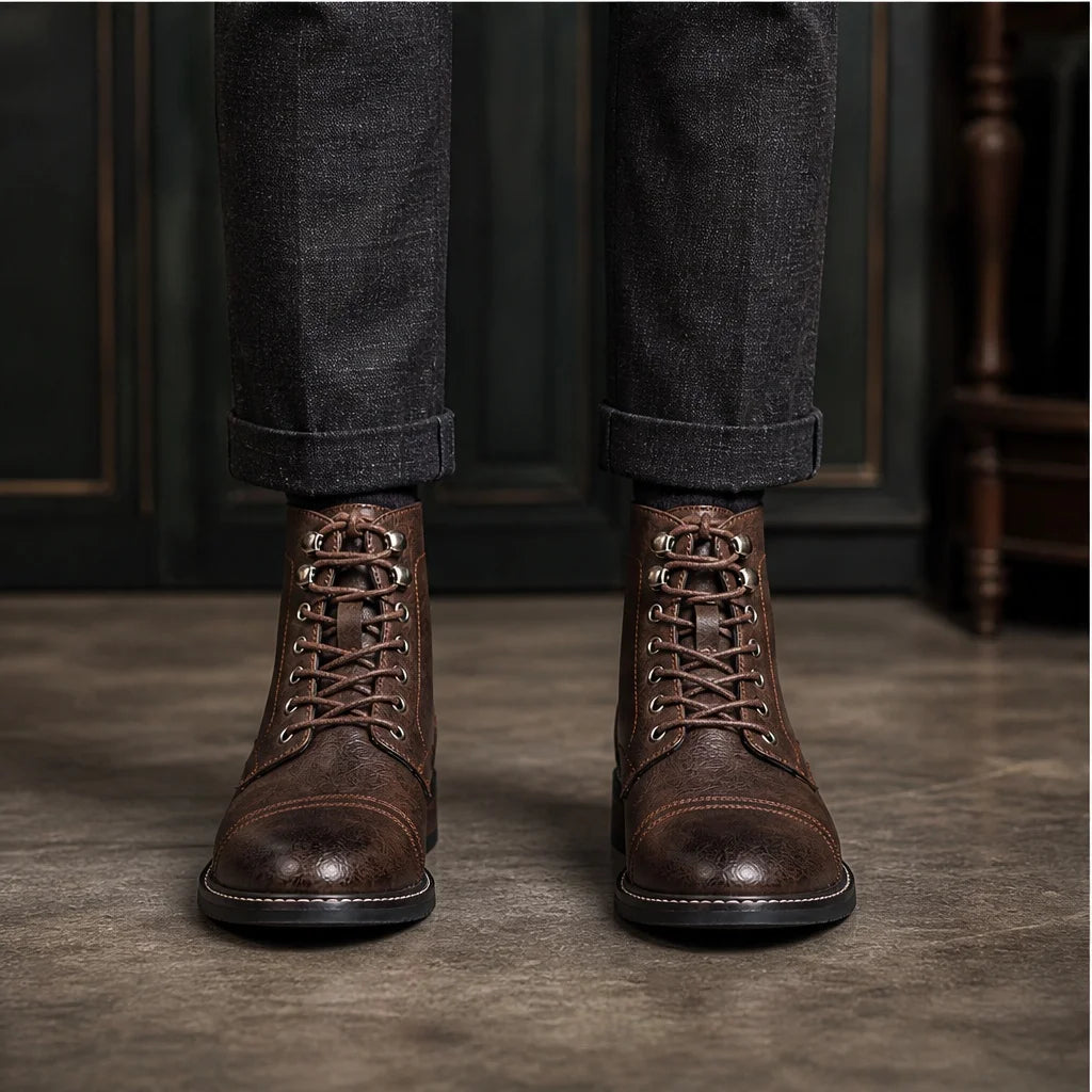 CAPTAIN ANKLE BOOTS Men's Vintage Combat Boots Lace-Up Cap Toe Ankle BOOTS