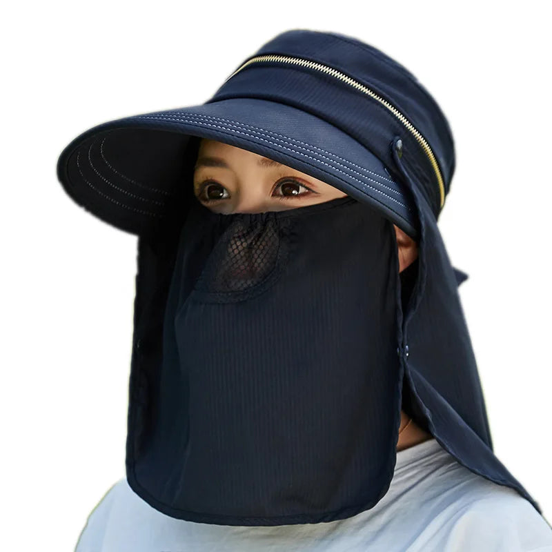 Women Outdoor Riding Anti-UV Sun Hat Foldable Big Brim Hats Neck Face Protection Detachable Mask Sunscreen Breathable Beach Caps