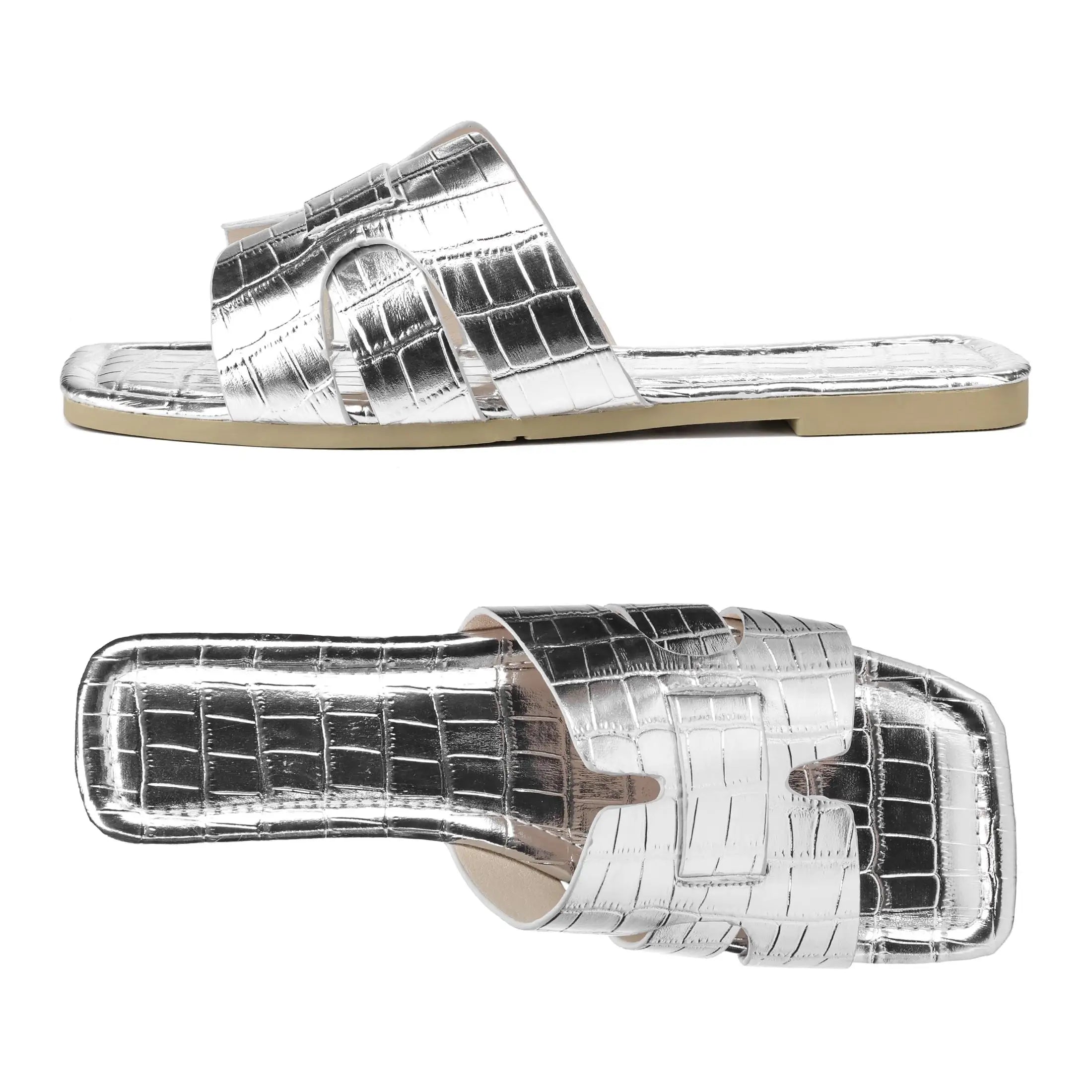 Women's Sandals Embossed Texture Flat Slides Non-Slip Elegant Open Toe SlippersIndoor Outdoor Shoes