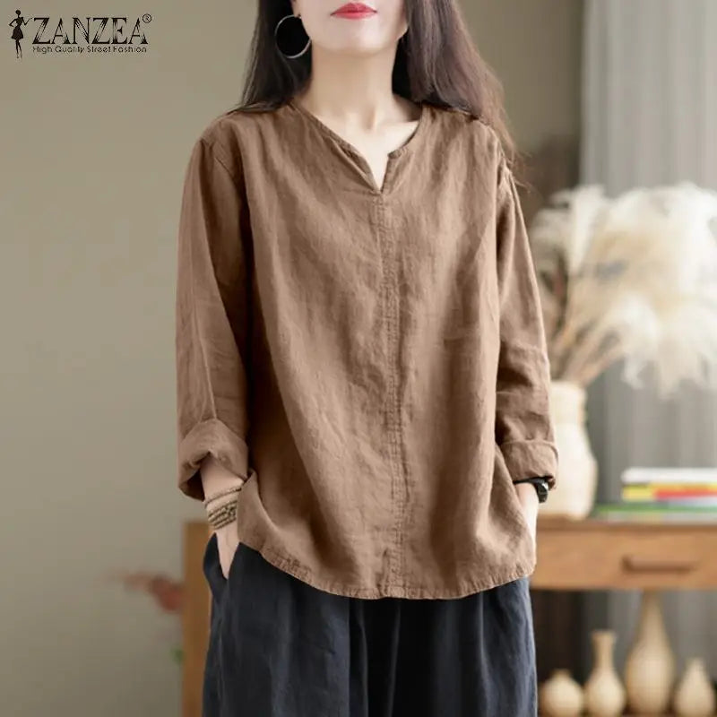 Vintage Women Blouse Autumn Long Sleeve Shirt Female V Neck Work Holiday Blusas ZANZEA Casual Solid Loose Shirt Cotton Chemise