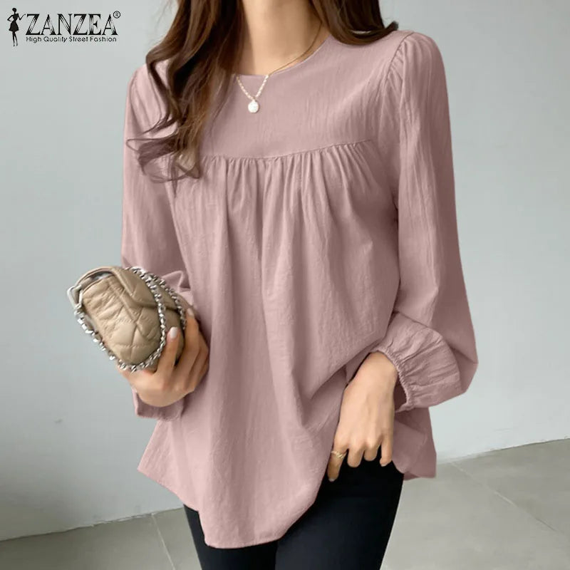 ZANZEA Elegant Solid Blouse Women Long Sleeve O Neck OL Work Shirt Spring Autumn Fashion Tunic Tops Blusas Female Loose Chemise