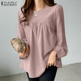 ZANZEA Elegant Solid Blouse Women Long Sleeve O Neck OL Work Shirt Spring Autumn Fashion Tunic Tops Blusas Female Loose Chemise