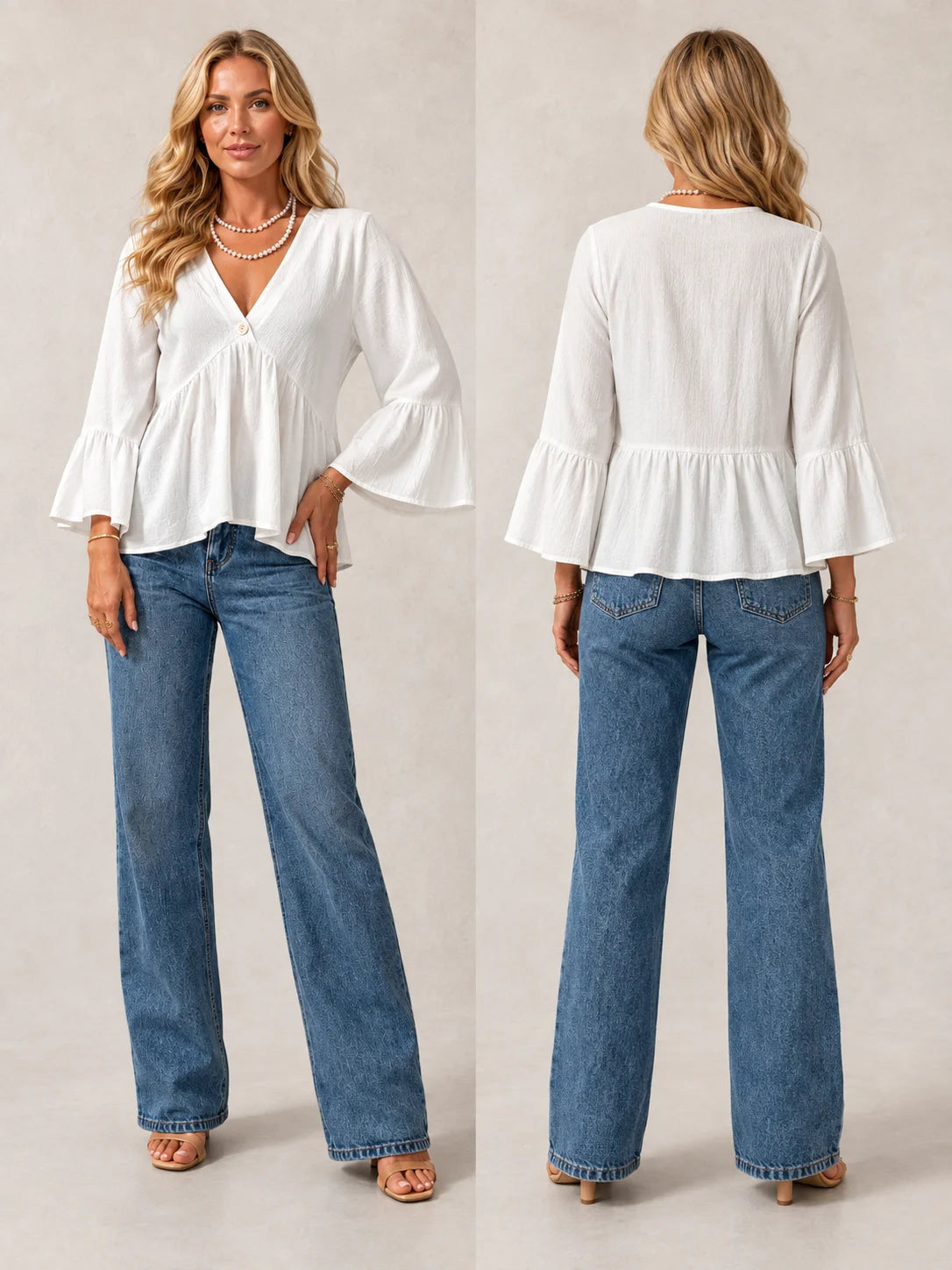 V Neck Bell Sleeve Blouses for Women Loose Fit Babydoll Tunic Tops Single Button Pleated Flowy Shirts Casual Daily Office Going‑Out Tunic