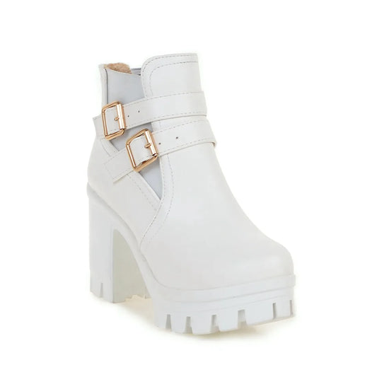 Women's Ankle Boots Women Platform High Heels Fashion Buckle Side Zipper Autumn Winter Women's Ankle Boots Size 33-43