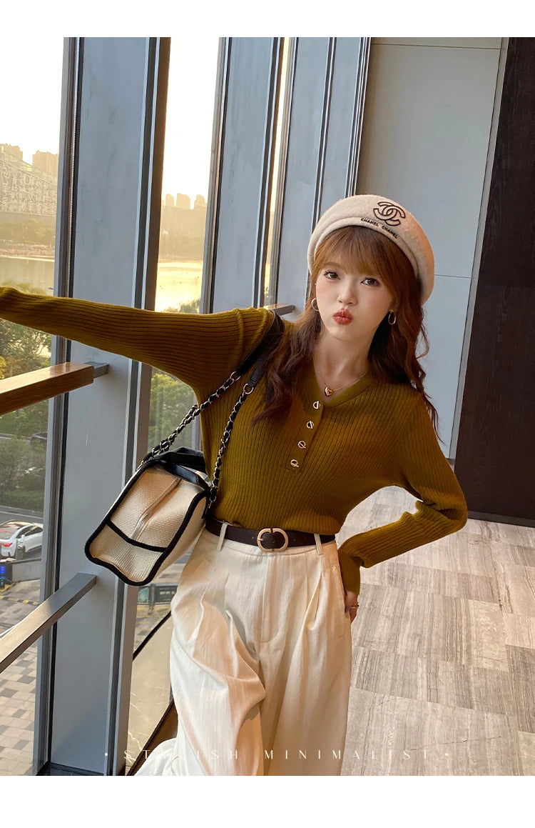 2026 Casual Slim Button Knitted Pullover Autumn Winter Women Sweaters Sweater Femme Basic Solid Jersey Tops Fashion Clothes