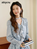 MISHOW Floral Dress for Women Cotton 2026 Spring Blue Luxury V-neck Ruffled Puff Sleeve Dress Party Midi Dress Woman MXE46L2517