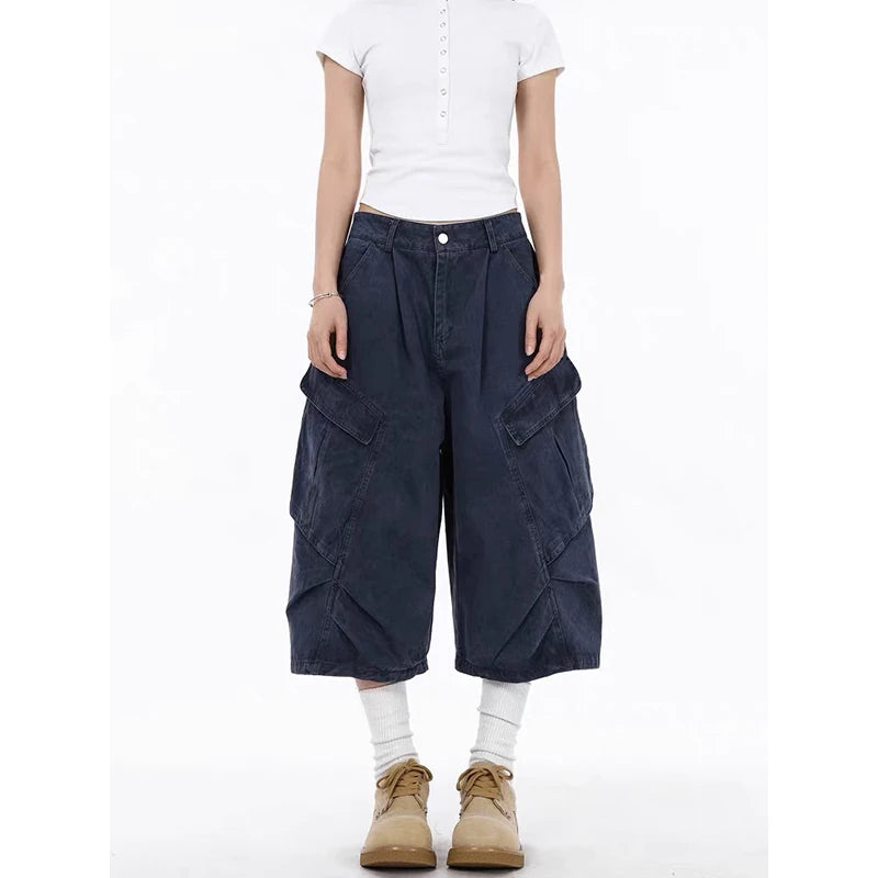 ZHIZOU Summer Women American Retro Green Cargo Jeans Shorts Y2K 2000s Harajuku Denim Calf-Length Pants Streetwear High Street