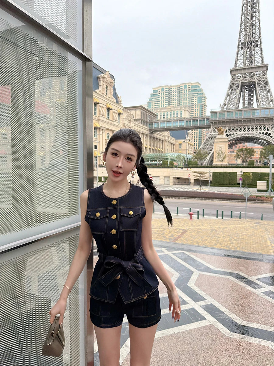 2026 Spring/Summer New Dark Blue High-Waist Denim Shorts USA Y2K Women's Fashion Street Dance Gothic Casual Slim Shorts