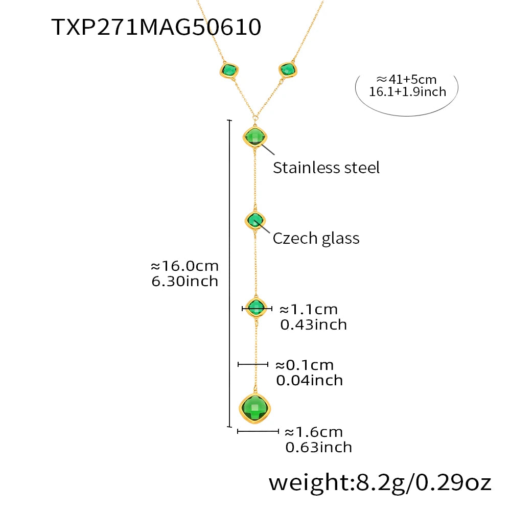 Colorful Long Square Pendant Stainless Steel Necklace for Women Luxury Czech Glass Gold Plated Waterproof Charm Jewelry