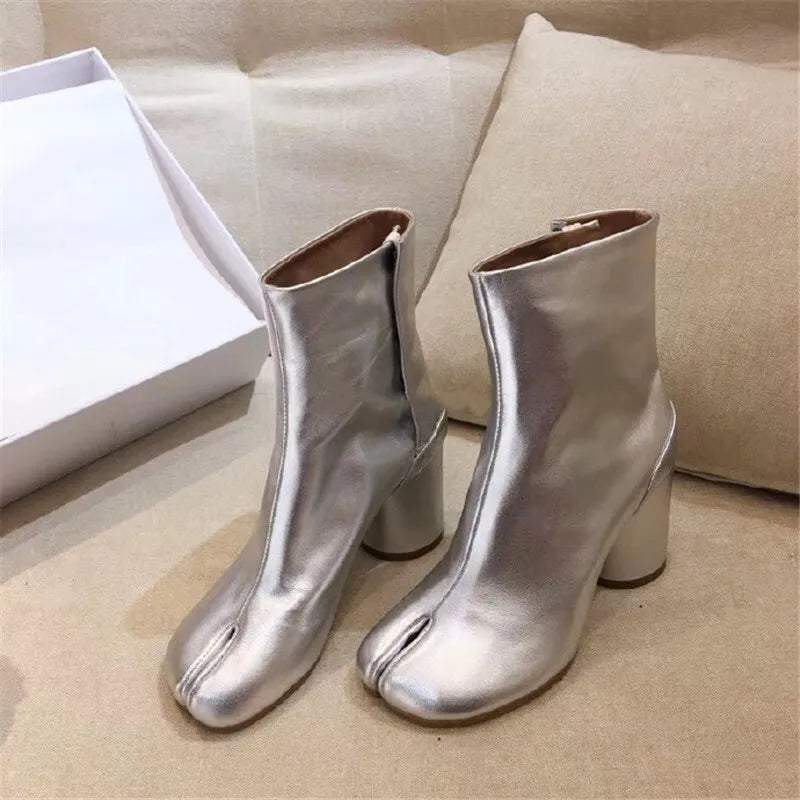 New Genuine Leather Tabi Ankle Boots Women Chunky Round Heels Shoes Woman High Heels Split Toe Tabi Boots Women Botas De Mujer