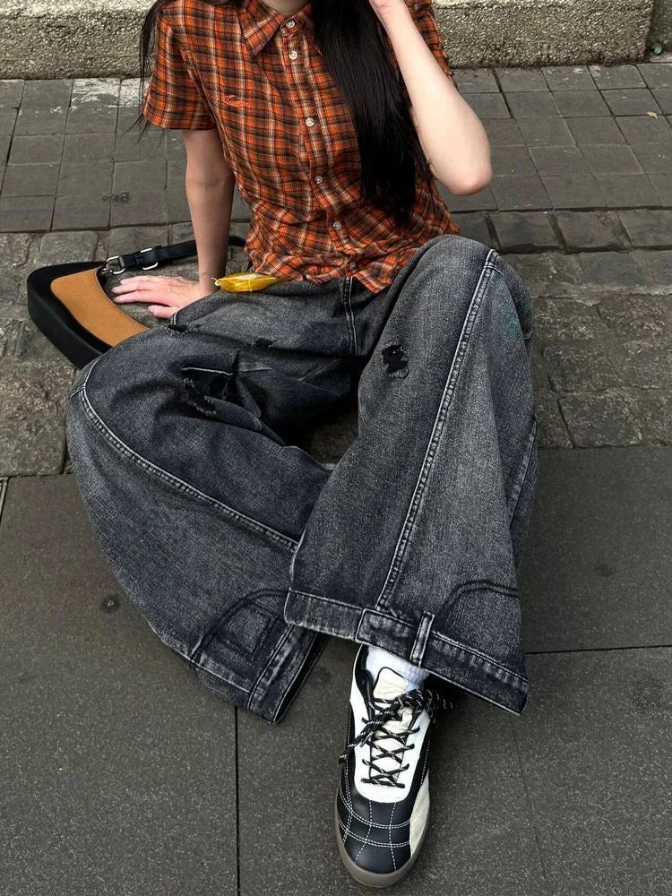 Black Jeans Women Vintage High Waisted Cargo Jeans Straight 2025 Summer Casual Loose Big Size Wide Leg Denim Baggy Pants Y2K