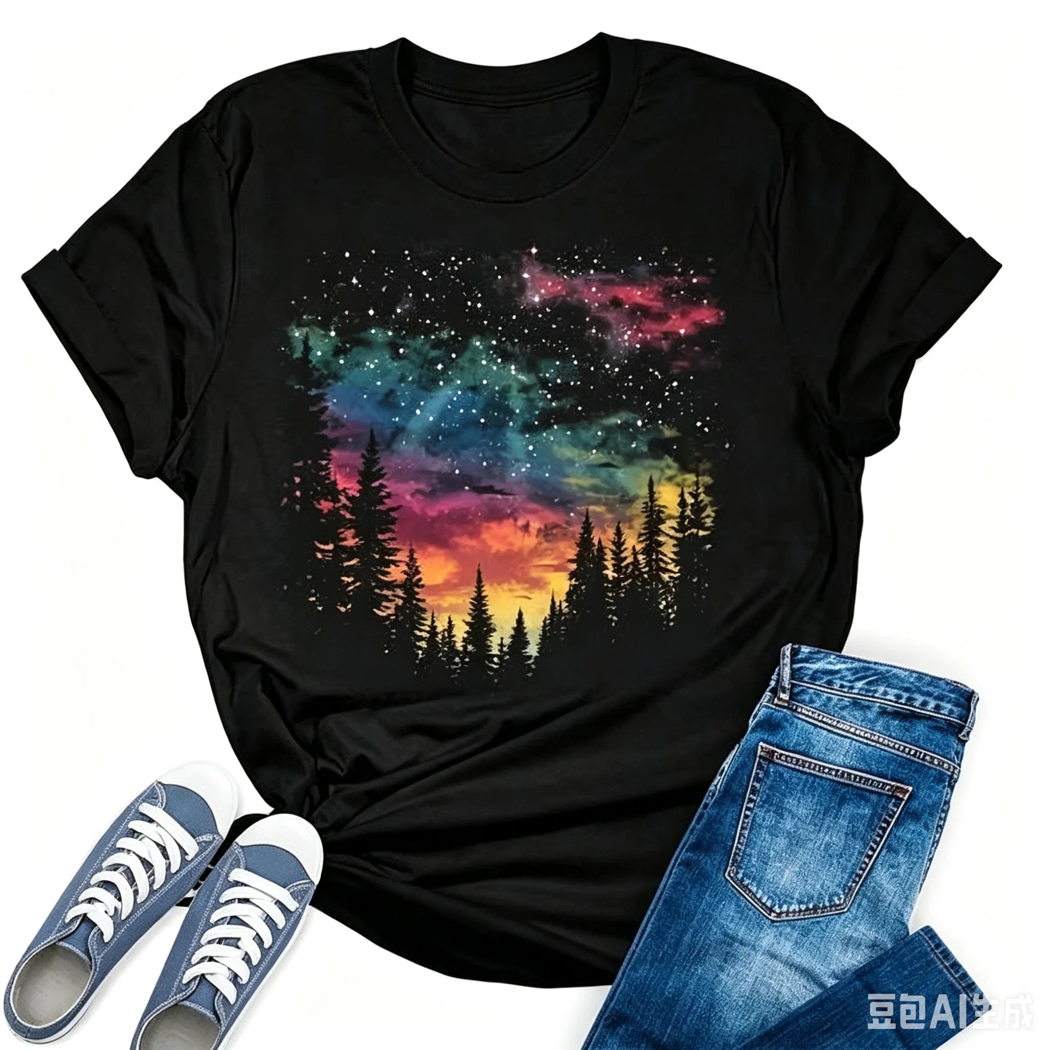 Womens Hiking Mountain Shirt Camping Nature Sunrise Pine Tree Tops Short Sleeve
