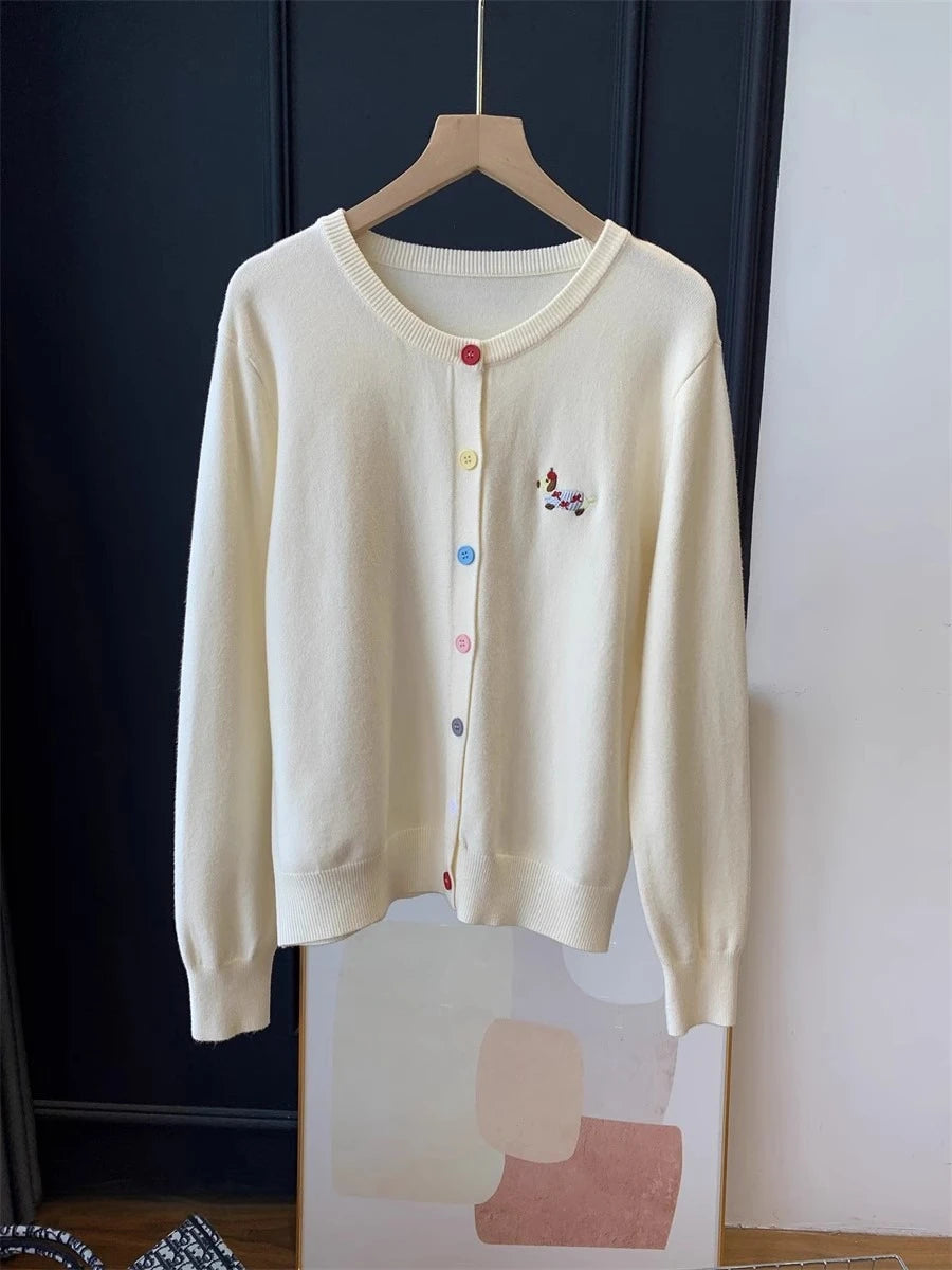Autumn Winter 2026 Soft Elegant O-neck Loose Casual Sweaters Women Knitted Chic Embroidery Cardigan Basic Colorful Buttons Tops
