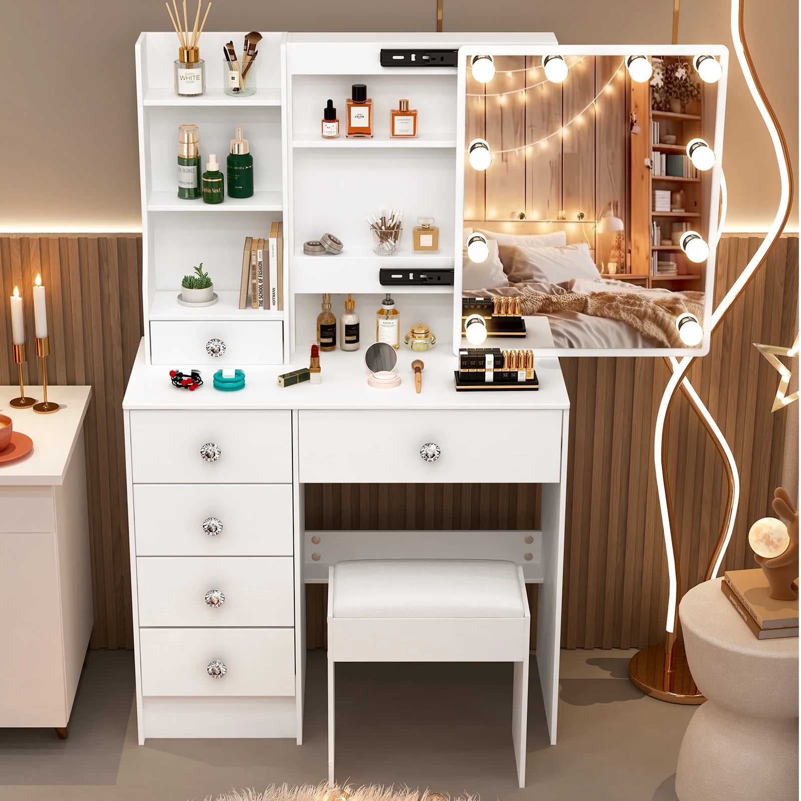 Teousev White LED Makeup Vanity Set with Sliding Mirror, 3-Color Dimmable Lights, 6 Drawers & Stool, Modern Dressing Table