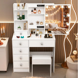 Teousev White LED Makeup Vanity Set with Sliding Mirror, 3-Color Dimmable Lights, 6 Drawers & Stool, Modern Dressing Table