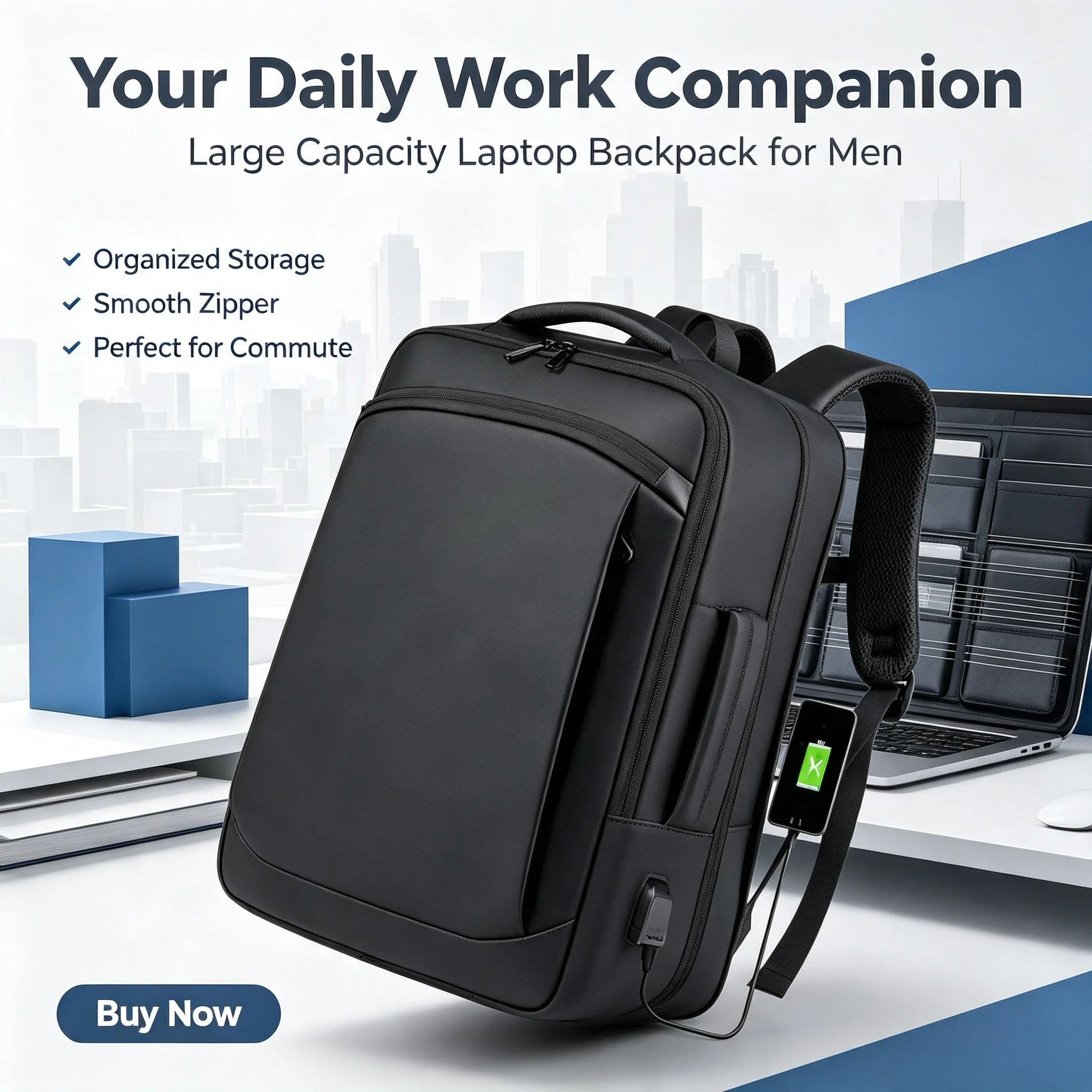 Expandable Men's Business Backpack with Multi-functional Layered Storage, Water-proof & Scratch-resistant Fabric, Separate Laptop Compartment, Convenient USB Charging Design, Perfect for Office Work, Short-distance Business T