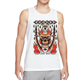 Retro Flaming Praying Hands Tank Top, Vintage Gothic Fire Graphic Sleeveless Tee, Old School Tattoo Style Streetwear Vest for Men