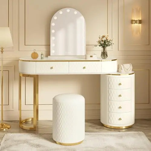 Luxury Makeup Vanity Desk with 3-Color LED Mirror and Stool, Adjustable Length Vanity Table with Movable Side Cabinet