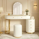 Luxury Makeup Vanity Desk with 3-Color LED Mirror and Stool, Adjustable Length Vanity Table with Movable Side Cabinet