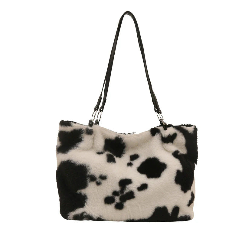 Large Capacity Shopper Bags For Women Winter Travel Tote Bag Cow Printing Plush Shoulder Bag Ladies Handbag Designer Bolsos