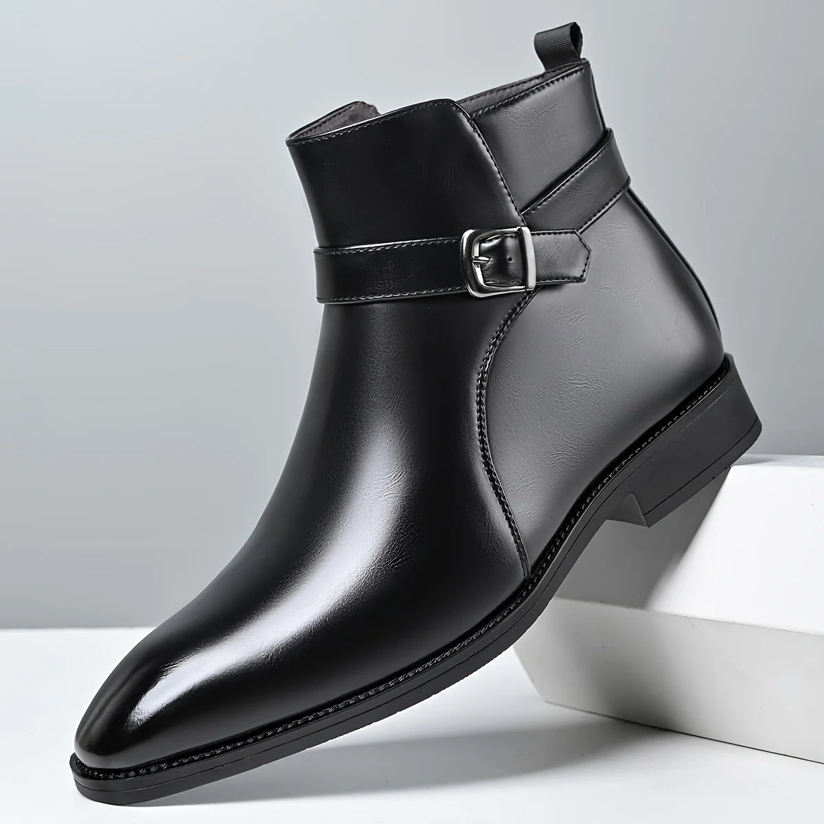Mens Buckle Strap Ankle Boots Pointed Toe Leather Formal Chelsea Boots Man Business Dress Short Botas for Men High Top Footwear