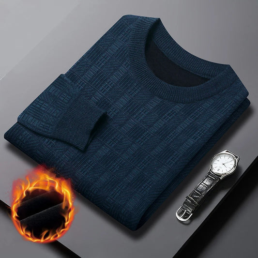 Chenille Winter Warm Sweaters Men Plaid Jacquard O-neck Pullovers Fleece Thick Knitwear Male Business Casual Knitted Sweater