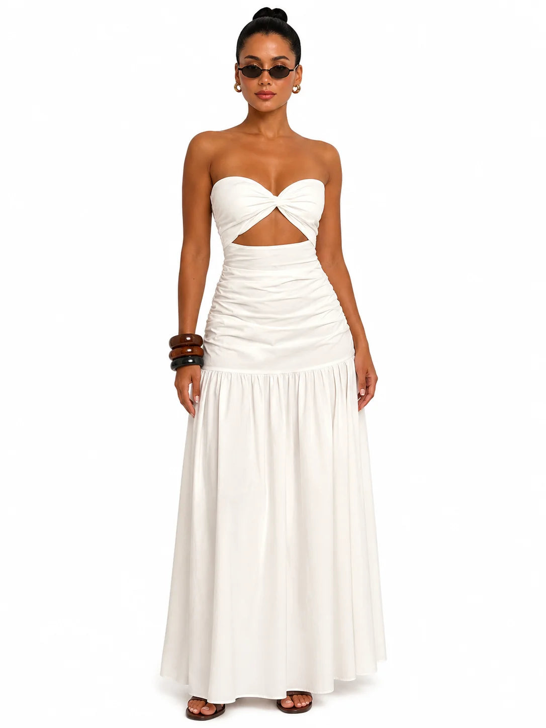 Women Strapless Twist Cutout Maxi Dress Ruched Waist Flowy A Line Long Tube Top Dress Summer Beach Vacation Casual Sundress