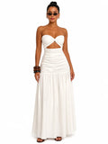 Women Strapless Twist Cutout Maxi Dress Ruched Waist Flowy A Line Long Tube Top Dress Summer Beach Vacation Casual Sundress
