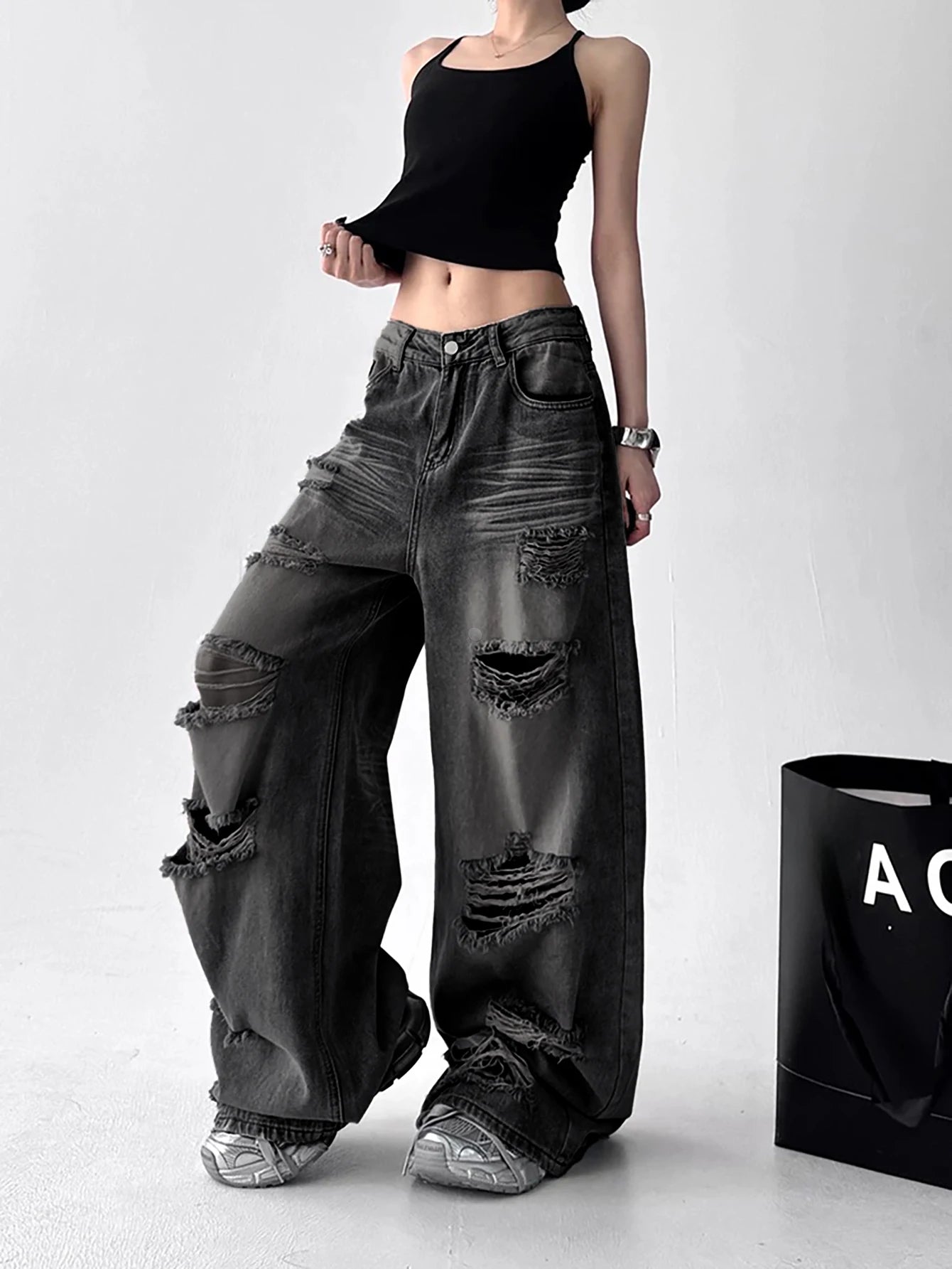 American Vintage Trend Ripped Frayed Black Baggy Jeans Women Y2K Street-Style Distressed Design Fashionable Versatile Wide-Leg Pants