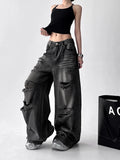 American Vintage Trend Ripped Frayed Black Baggy Jeans Women Y2K Street-Style Distressed Design Fashionable Versatile Wide-Leg Pants