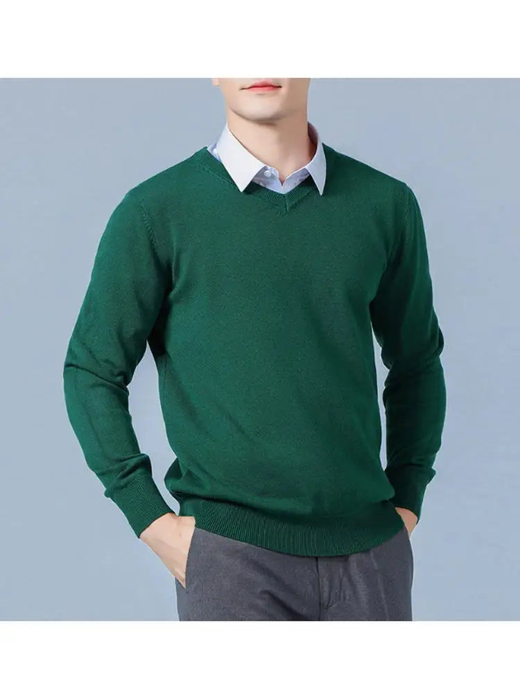 Soft Cashmere Sweater Men's Clothing Autumn Winter Pullover Business Casual Bottom V-neck Knitted Woolen Slim Fit Knitwear Male