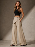 Women Wrap Front Linen Wide Leg Pants, High Waist Elastic Back Waist Culottes with Pockets, Casual Loose Fit Trousers for Summer Beach Daily Streetwear
