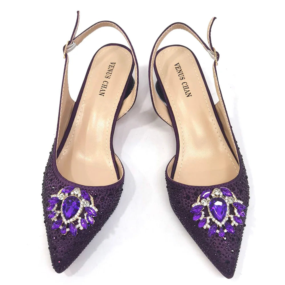 Venus Chan Royal Blue Sandals for Women 2024 Luxury Wedding Pumps Med Heels Rhinestone Design Party Shoes and Bags Set