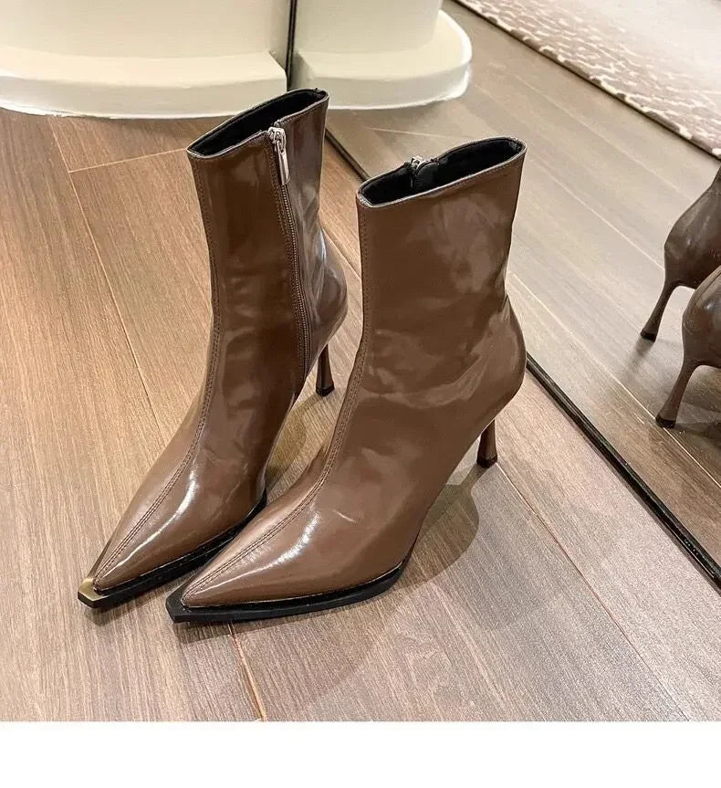 Ankle Boots Vintage Autumn New Fashion High Heels Women's Sexy Pointed Toe patent leather skinny boots Women Brown Short Booties