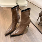 Ankle Boots Vintage Autumn New Fashion High Heels Women's Sexy Pointed Toe patent leather skinny boots Women Brown Short Booties