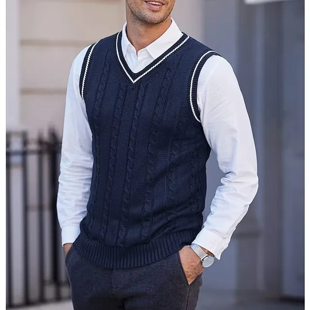 New Men's Knit V-Neck Sweater Vest Contrast Color Stripe Design Sleeveless Knitted Pullover Sweaters Men Smart Casual Waistcoats