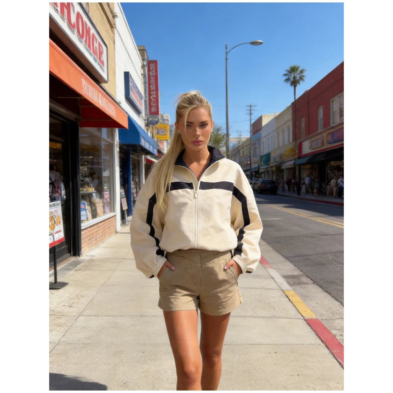 Women's Jackets Beige Black Zip Collar Crop Jacket Lapel Loose Streetwear Spring Autumn Chic Sports Outfits Short Coats 2026 New