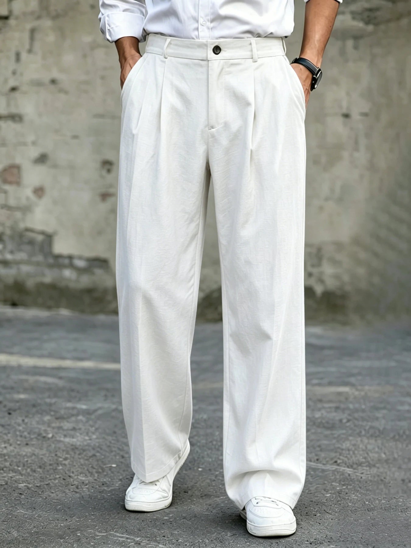 Men's High Waist Double Pleated Wide Leg Dress Pants Draping Wrinkle Resistant Breathable Textured Fabric Trousers for Office Wo