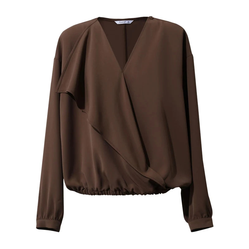 Amii 2026 Autumn Women Blouse Reversible V Neck Wrap Cowl Neck Long Sleeve Chiffon Blouses Woman Loose Casual Shirts 12643013