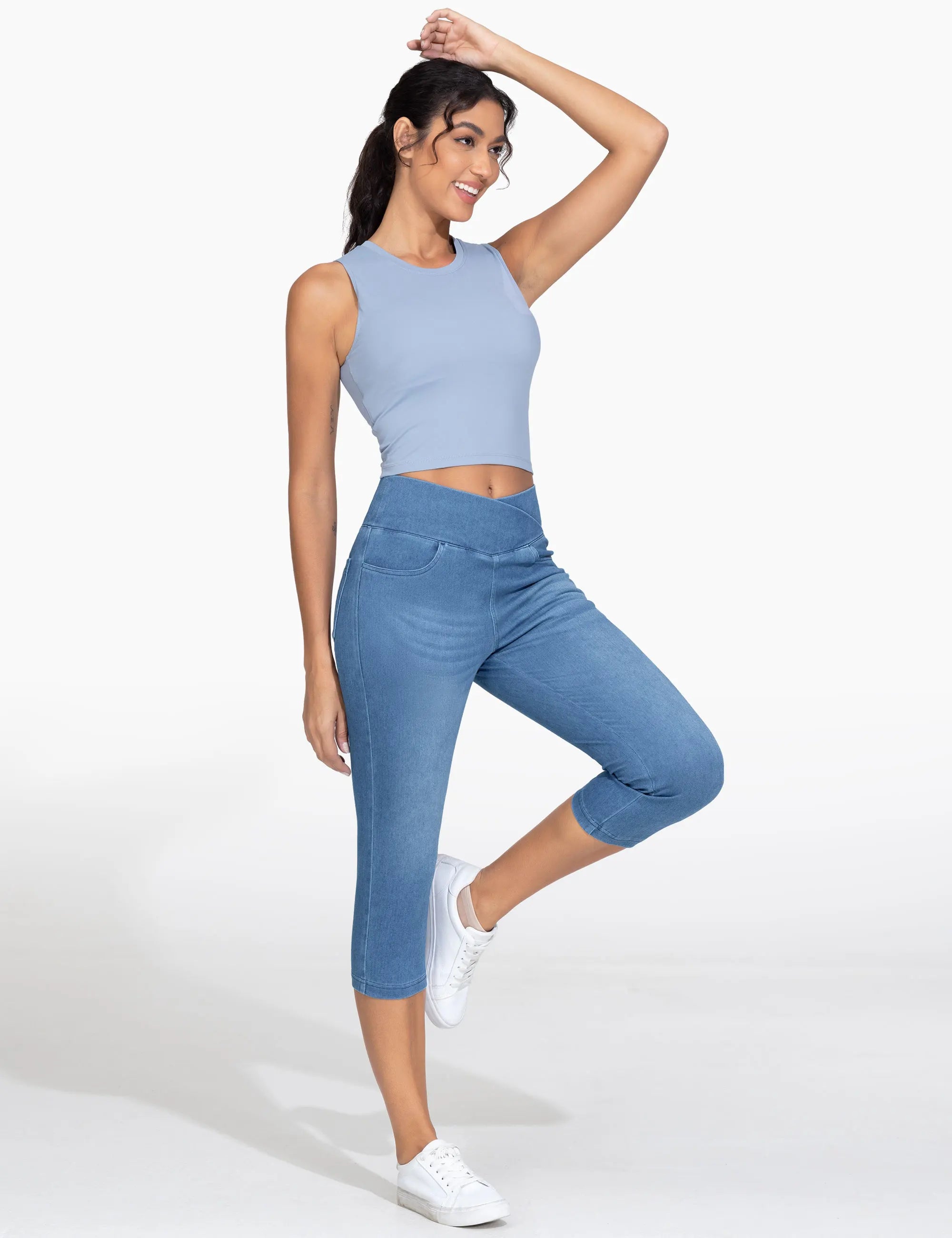 THE GYM PEOPLE Women's Cross Waisted Stretchy Capri Denim Jeggings Tummy Control Skinny Jean Leggings with Pockets