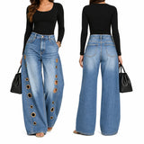 Women High Waist Wide Leg Jeans, Side Cutout Eyelet Rivet Denim Pants Loose Fit Hollow Out Flared Trousers Streetwear Fashion Baggy Jeans with Pockets