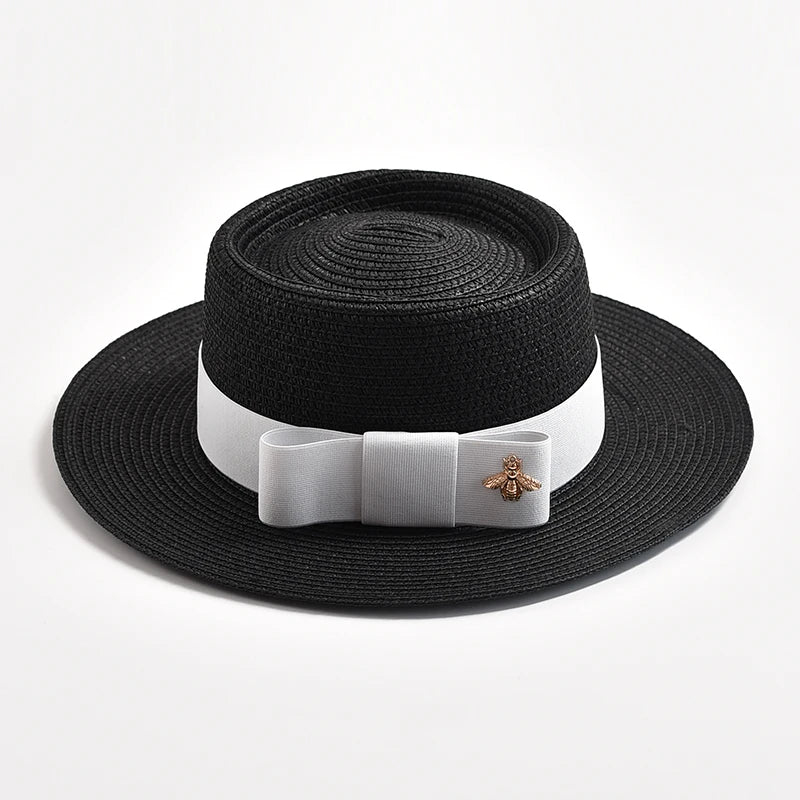 NEW Spring Summer Straw Hats for Women Round Bumpy Surface Flat Top Bowknot Dress Cap Travel Beach Sun Hat Gorra