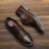 Men's Casual Leather Shoes Cap Toe Derby Lace-up Business Formal Dress Shoes Retro British Style Office Wedding Footwear
