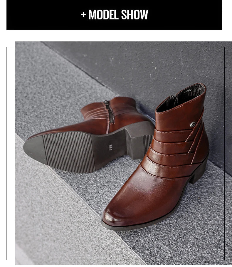 Luxury Men Boots Leather Chelsea Boots High Top Buckle Strap Formal Shoes Black British Style Ankle Boots Pointed Toe Brown Boot
