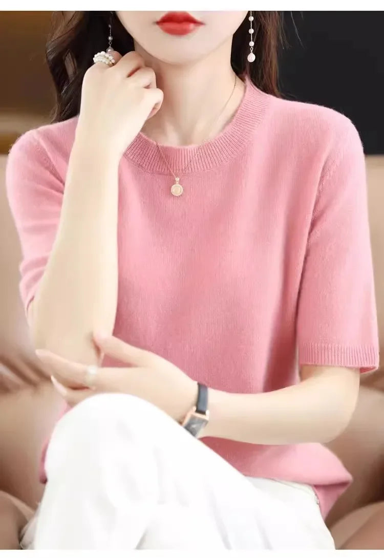 Spring Autumn Women Sweaters Short Sleeves O-neck Bottoming Shirts Knitwear 2026 Summer Knit Tops Pullovers Korean Jumpers
